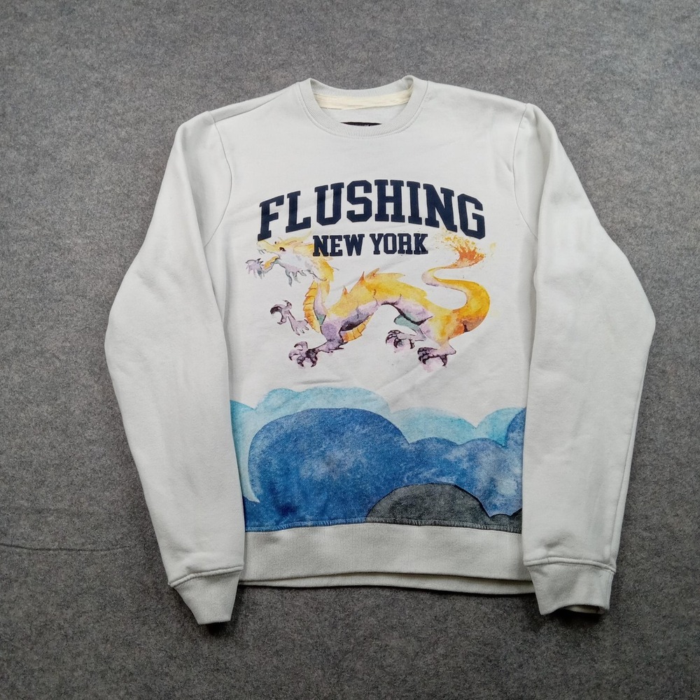 Blind Rooster Sweatshirt‎ Mens Small White Flushing New York Dragon Graphic